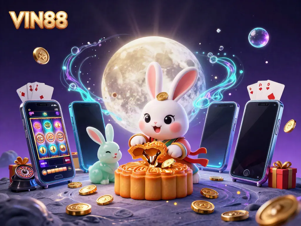 Engage in VIN88's vibrant casino power with a moon rabbit and jade companion amidst games.