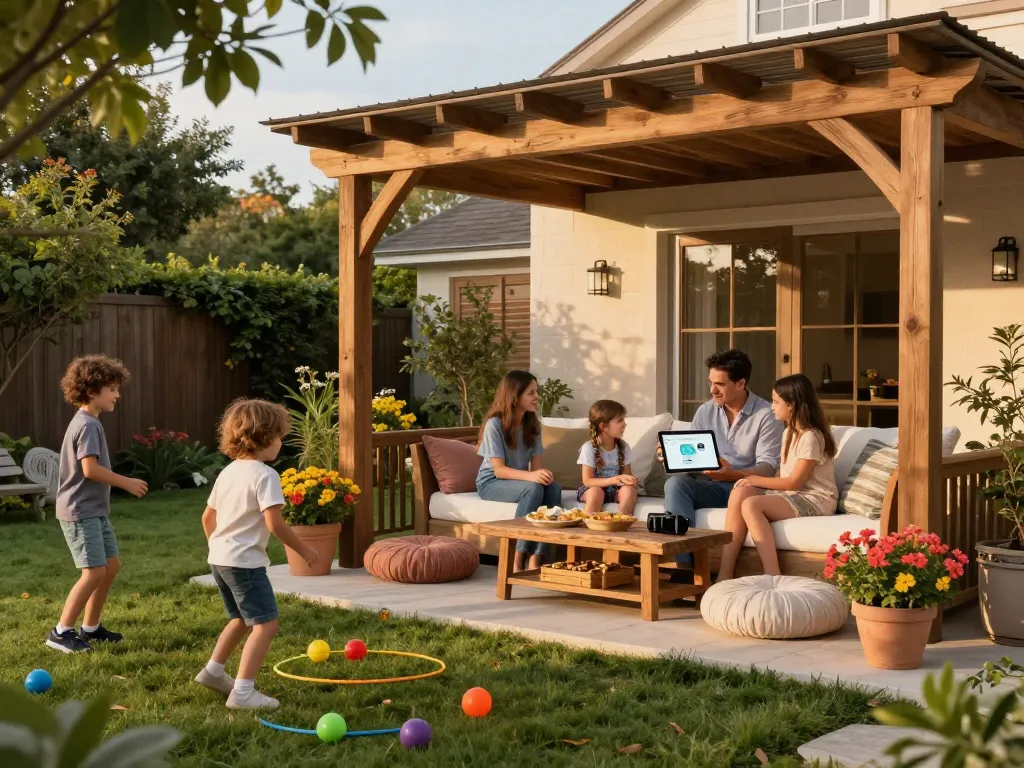 Family enjoying time under a custom-designed pergola configurator in a cozy backyard.