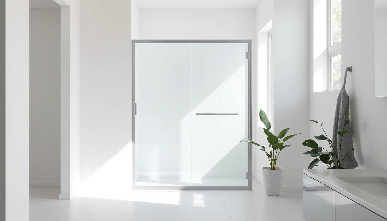 Elegant shower screen sliding door framed by soft lighting in a contemporary bathroom.