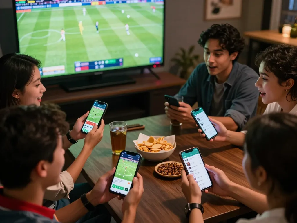Engaged friends placing bets on https://9keonhacai.com/ during a live football match, showcasing excitement