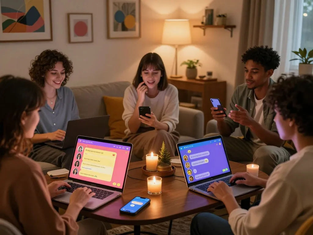 Interactive sexchat scene with diverse adults engaged in lively conversations on digital devices.