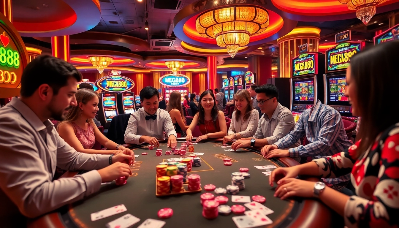 Experience the excitement of MEGA888 with players at a luxurious casino table and vibrant slot machines.