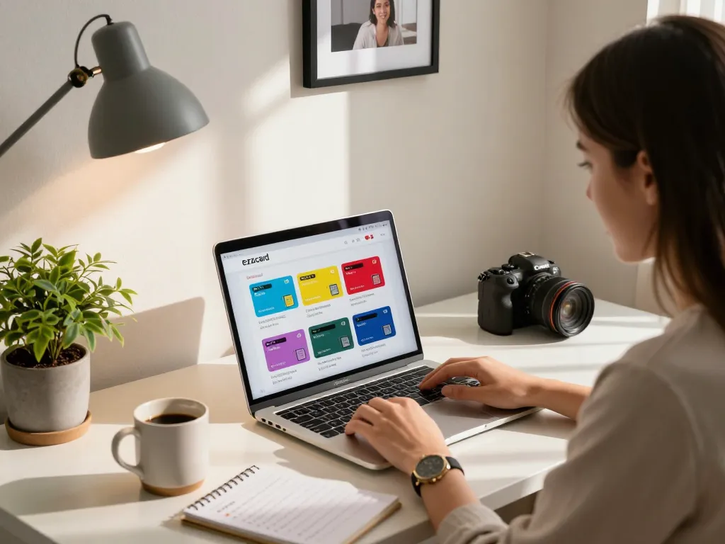 Buy ezzocard options displayed on a laptop in a cozy home office.