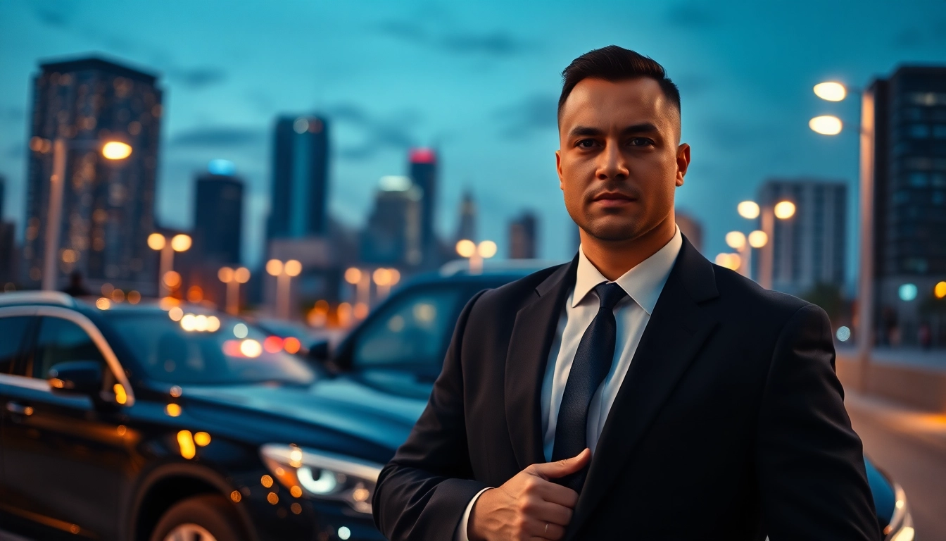 A professional personal security guard standing confidently near a luxury vehicle in an urban setting.