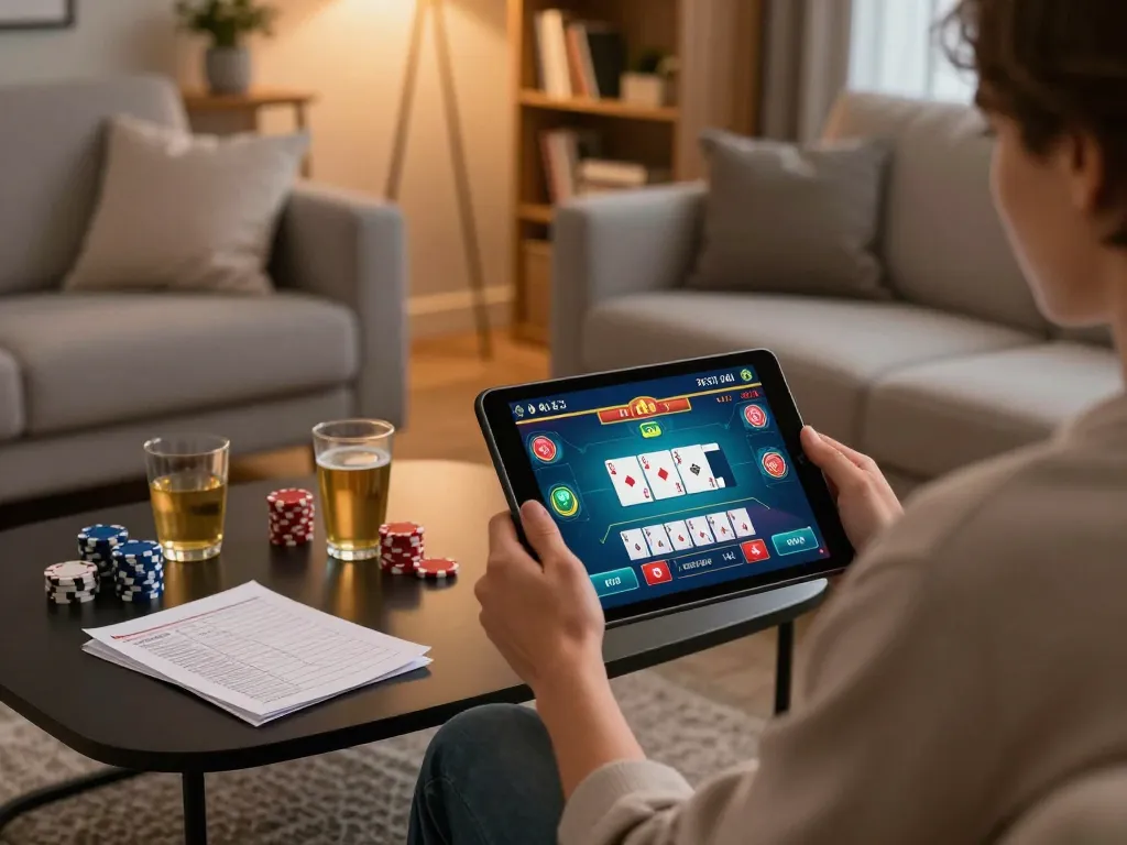 Engaging with daftar sungaitoto through online casino on tablet in a cozy home setting.