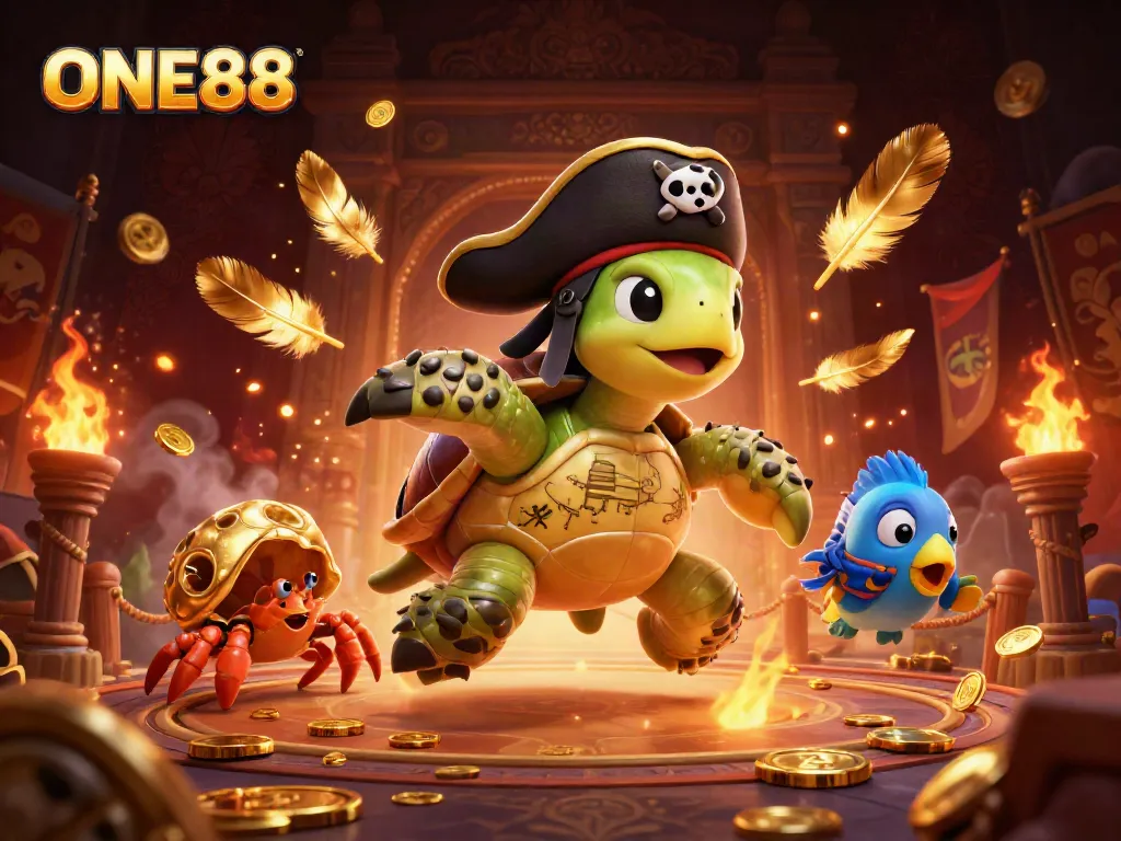 Experience thrilling games at ONE88 with a vibrant underwater scene featuring pirate turtle and friends.