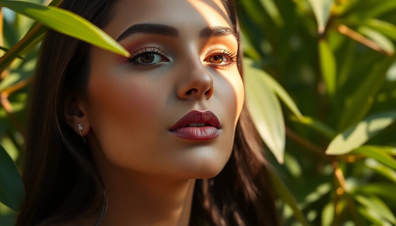 Woman showcasing a diamond nose pin with sparkling elegance amidst a lush, natural background.