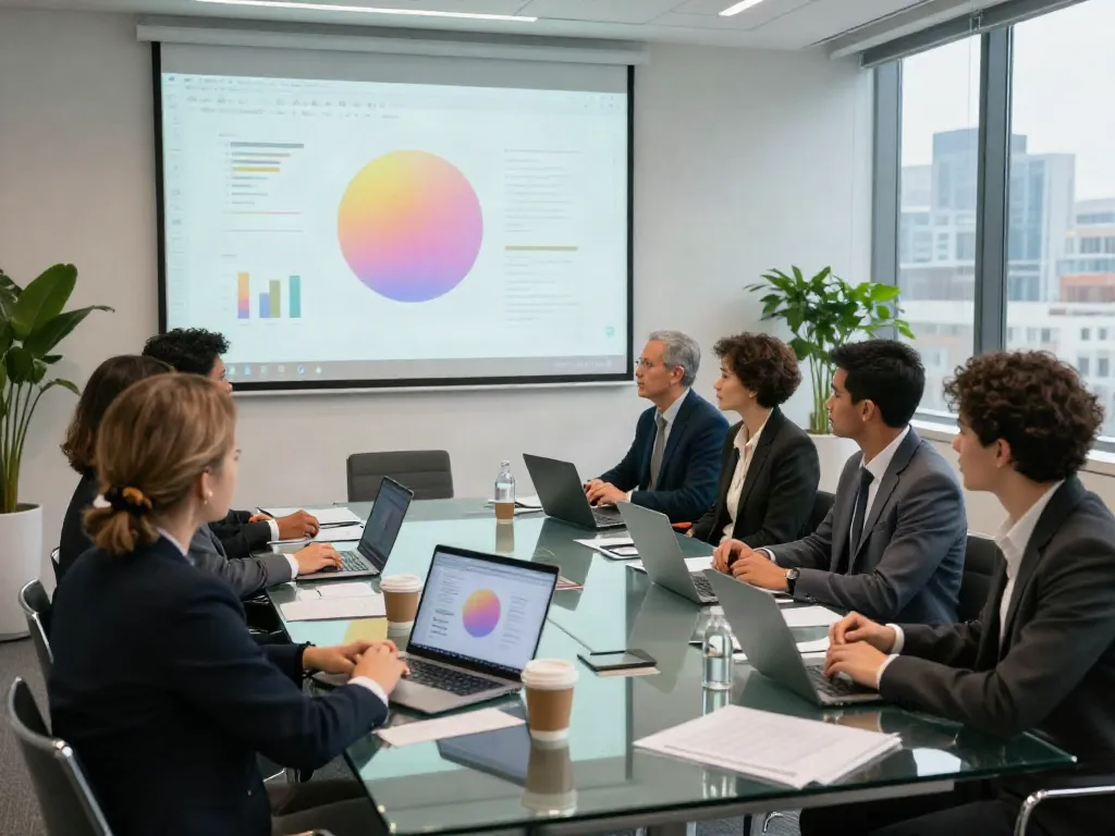Team collaborating in a professional setting, presenting here are the findings for strategic planning.