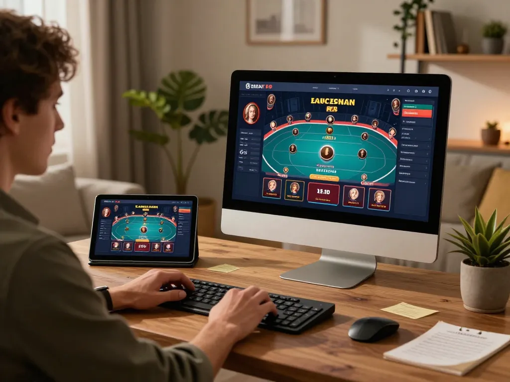 Engaging with 789WIN on a stylish online gaming setup, showcasing strategic gameplay.