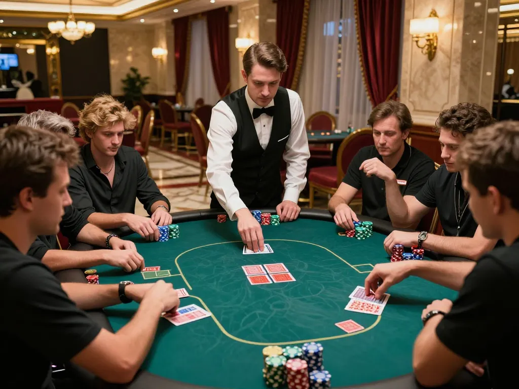Poker players engaged in a thrilling game at 13win casino, showcasing intense expressions and vibrant chips.