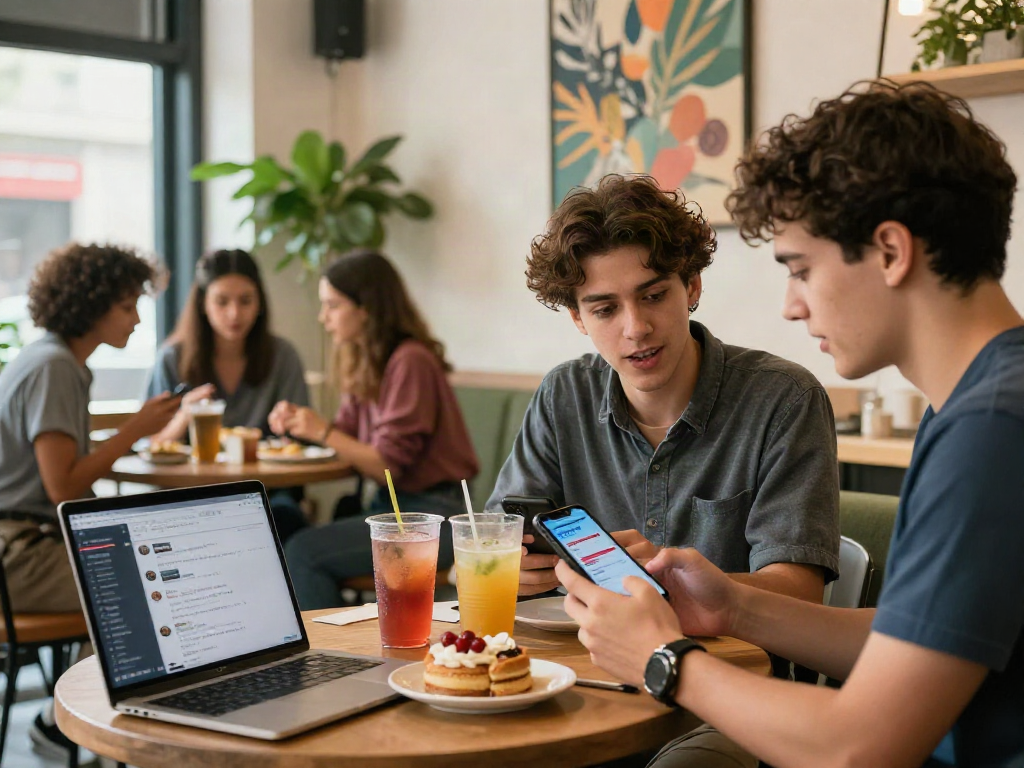 Young adults enjoying spicychat app in a trendy café with colorful drinks.