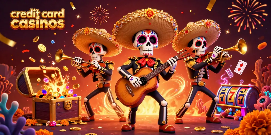 Experience the excitement of credit card casinos with a vibrant mariachi band and slot machines.