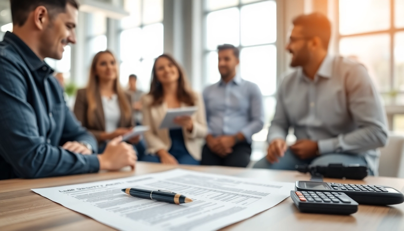 Understanding vehicle service contract with professional team discussing details and documents.