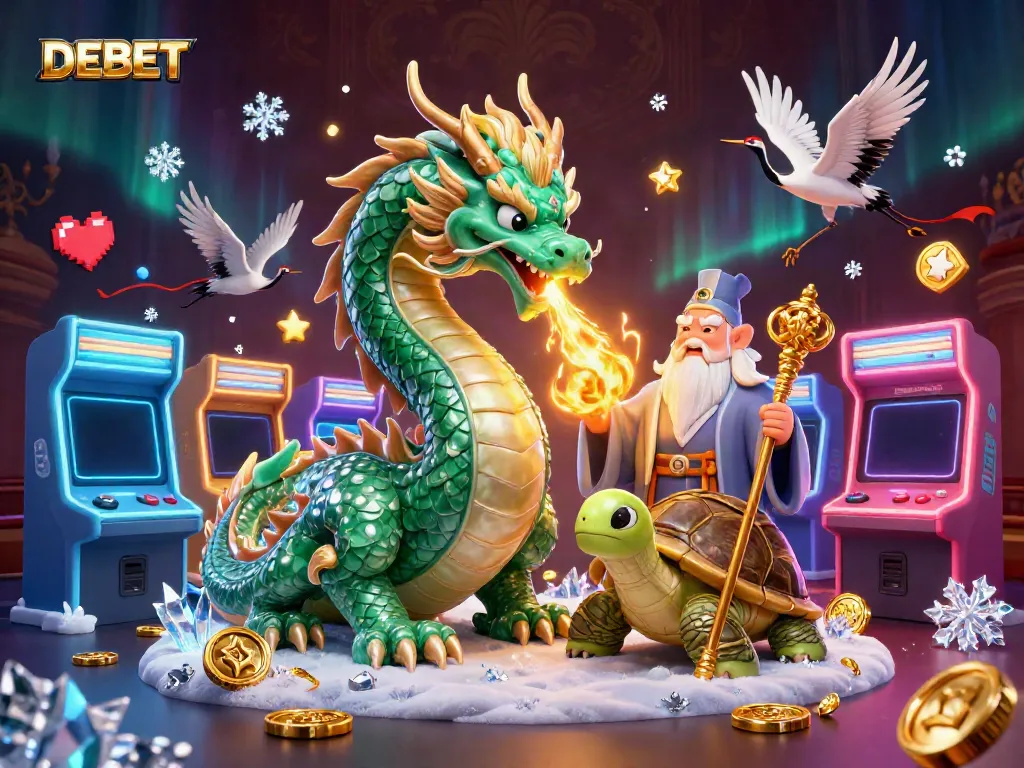 Experience DEBET's vibrant gaming universe with a jade dragon, cartoon sage, and lucky cranes.