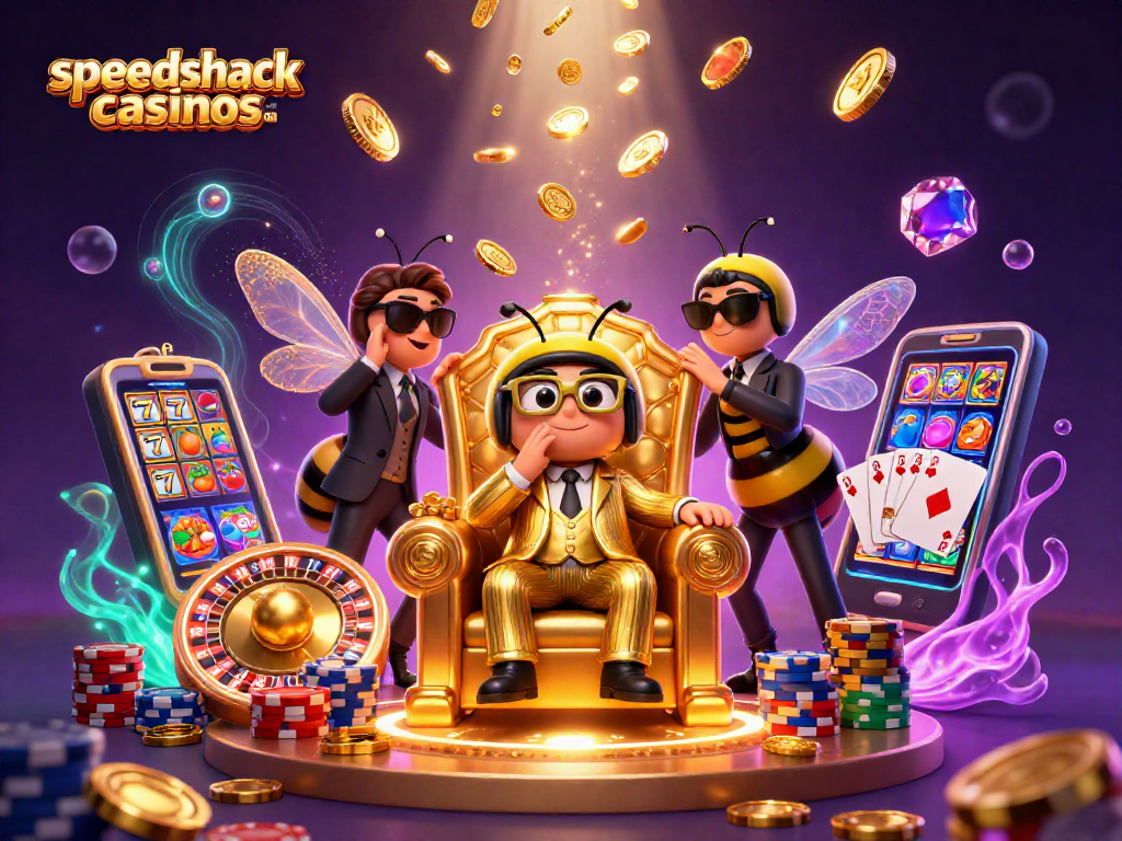 Engage with speedshack casinos not on gamstop featuring an epic scene of a bumblebee mob boss amidst slot machines, roulette, and dazzling gems.
