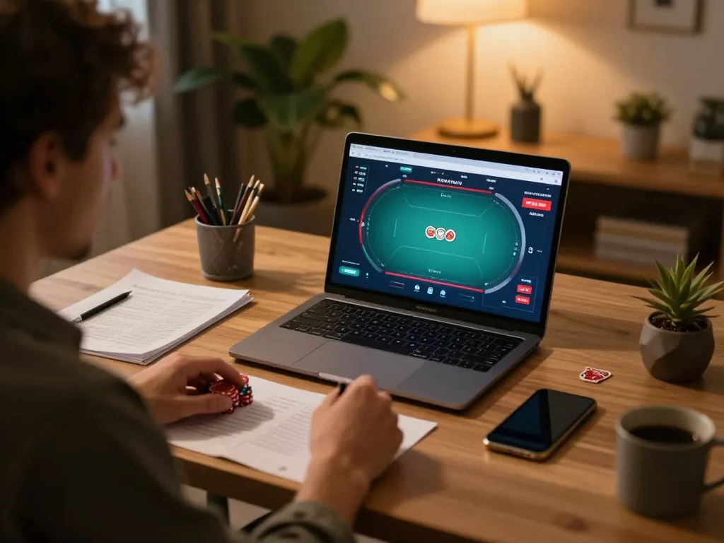 Player strategizing poker game on laptop while using open888 for online gambling.