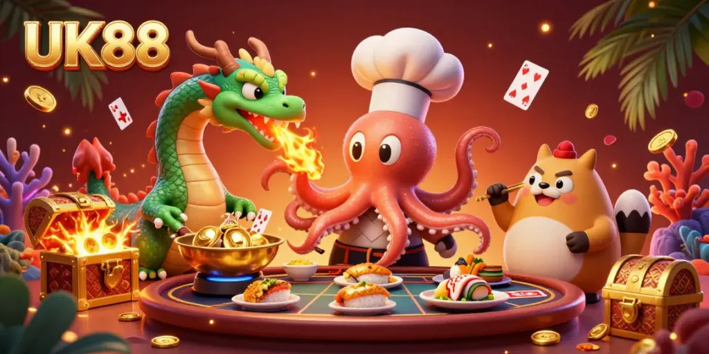 Experience the thrill of UK88 casino gaming with a vibrant 3D scene featuring an octopus chef and dragon.