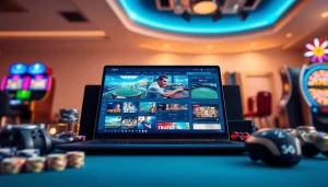 Experience the thrilling online betting environment at vin777.gb.net with a sleek laptop displaying various games.