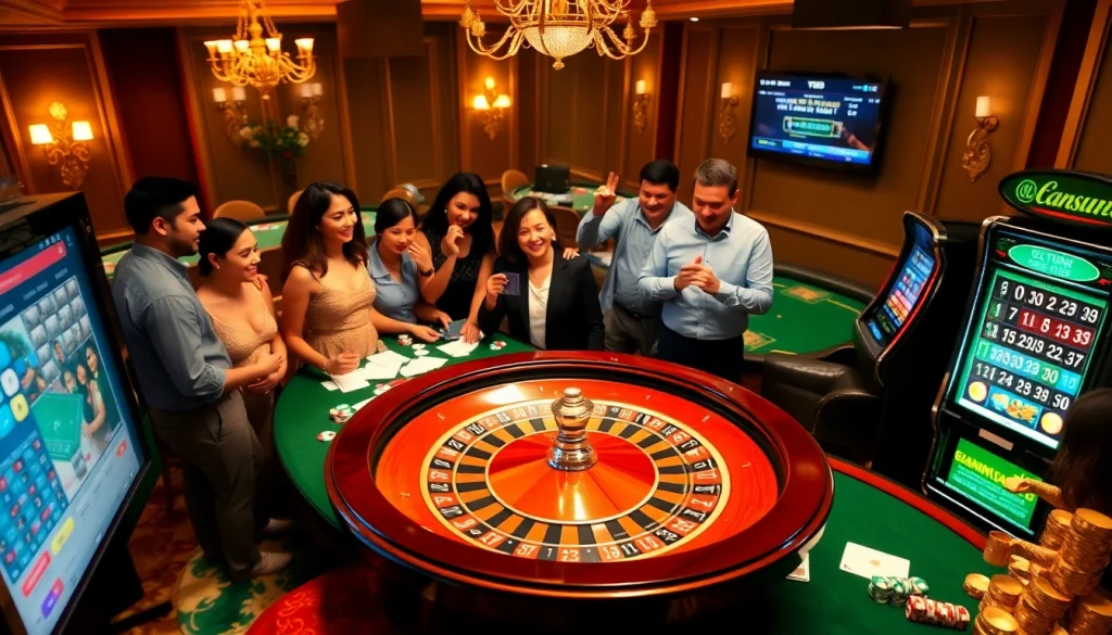 Engaging casino scene showcasing excitement at http://vt88.co/ with roulette, poker and slot gaming action.