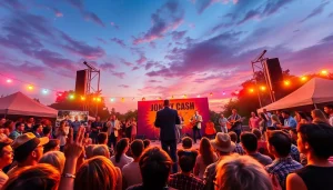 Experience the lively atmosphere at johnnycashbirthday.com's celebration, with diverse fans enjoying live music under colorful lights.