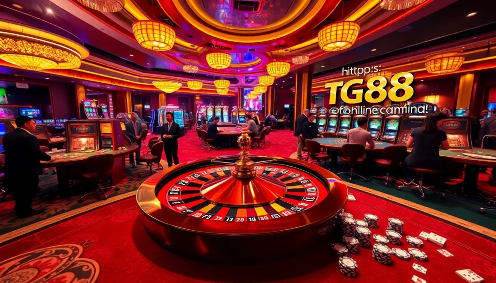 Players experience the thrill of casino gaming at https://tg88link.com/, with poker chips flying and a roulette wheel spinning.