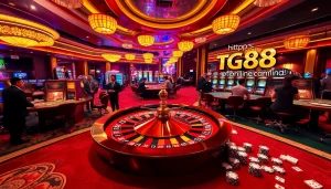 Players experience the thrill of casino gaming at https://tg88link.com/, with poker chips flying and a roulette wheel spinning.