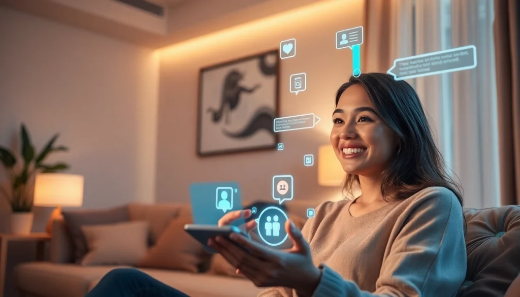 AI girlfriend engaging with a user in a cozy, modern living room setting.