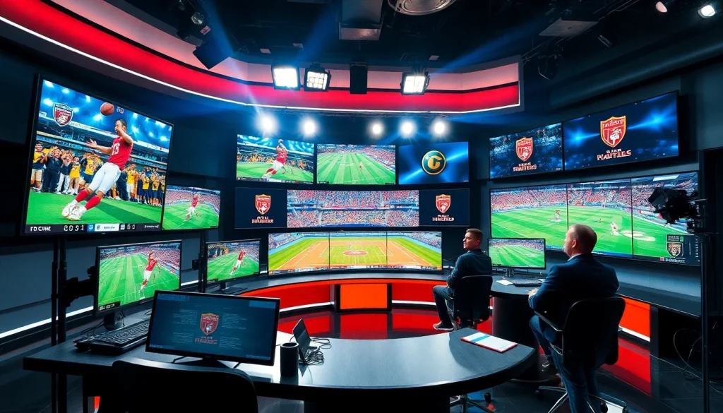 Engaging scene of sports broadcasting with hosts discussing live events in a professional setting.