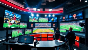 Engaging scene of sports broadcasting with hosts discussing live events in a professional setting.