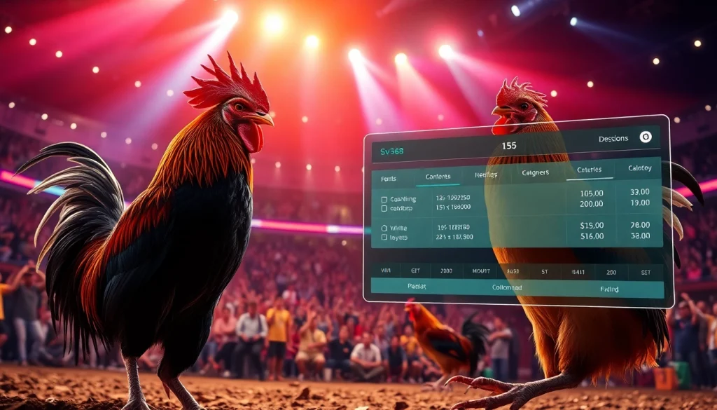 Exciting cockfighting event at sv368win.live with detailed roosters and betting interface.