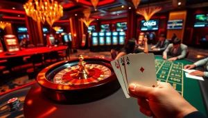 Engaging casino action with poker hands and a roulette wheel from http://2b8.network/.