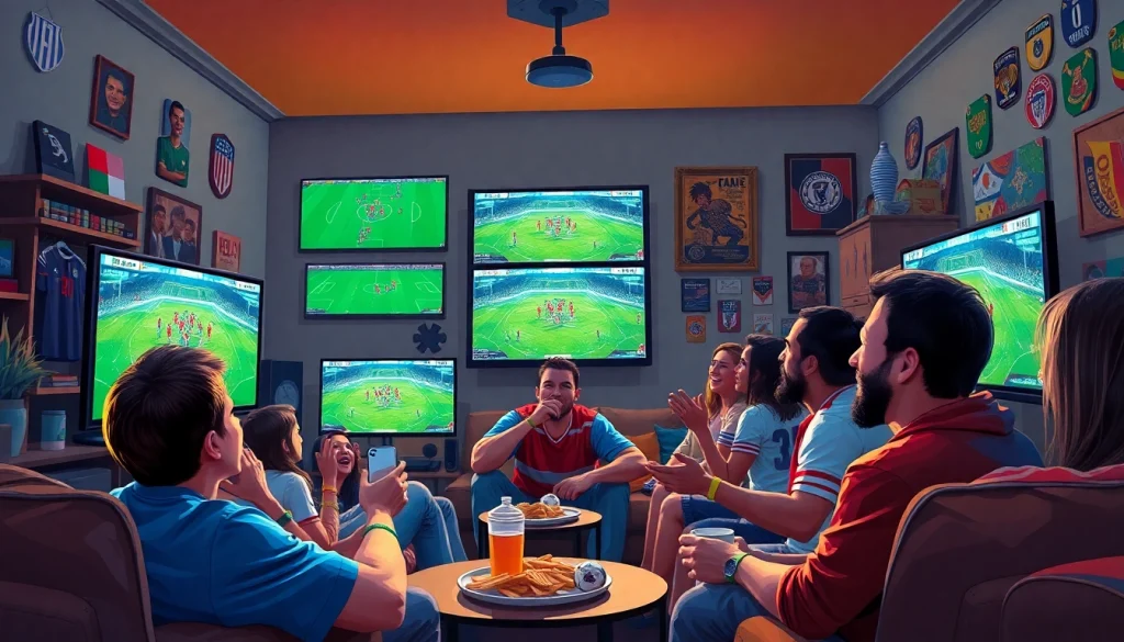 Excited fans enjoying live football streaming on joemadfan.com in a lively living room setting.