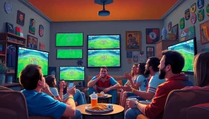 Excited fans enjoying live football streaming on joemadfan.com in a lively living room setting.