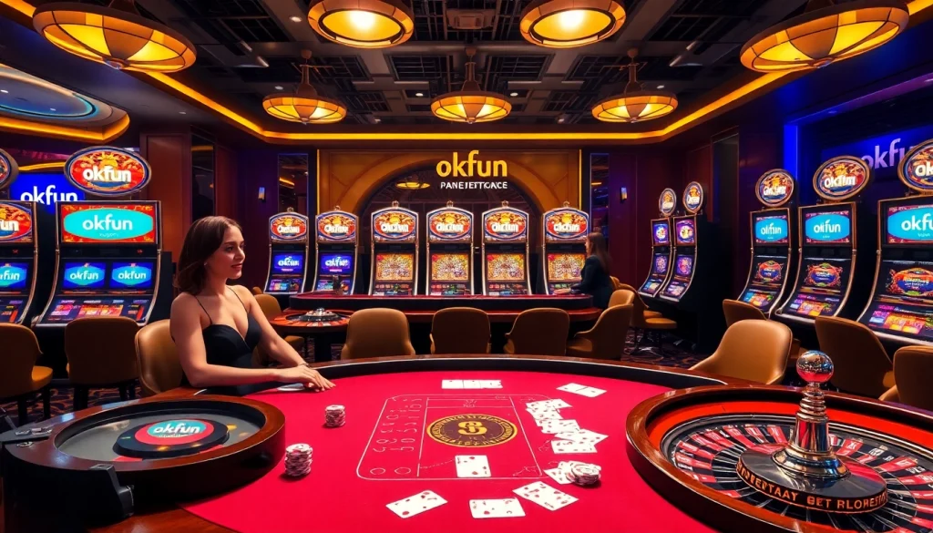 Experience thrilling gameplay at okfun with an exciting casino atmosphere featuring roulette wheels and vibrant slot machines.