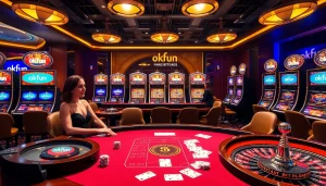 Experience thrilling gameplay at okfun with an exciting casino atmosphere featuring roulette wheels and vibrant slot machines.