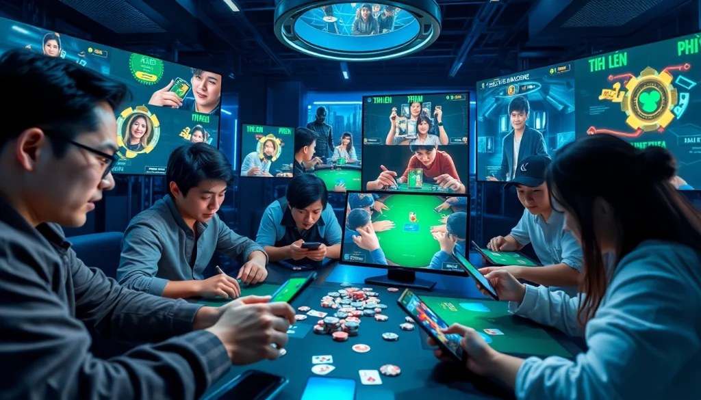 Engaging scene of players enjoying Tiến Lên and Phỏm at gamebaidoithuong.com.vc, illustrating an exciting online gaming community.