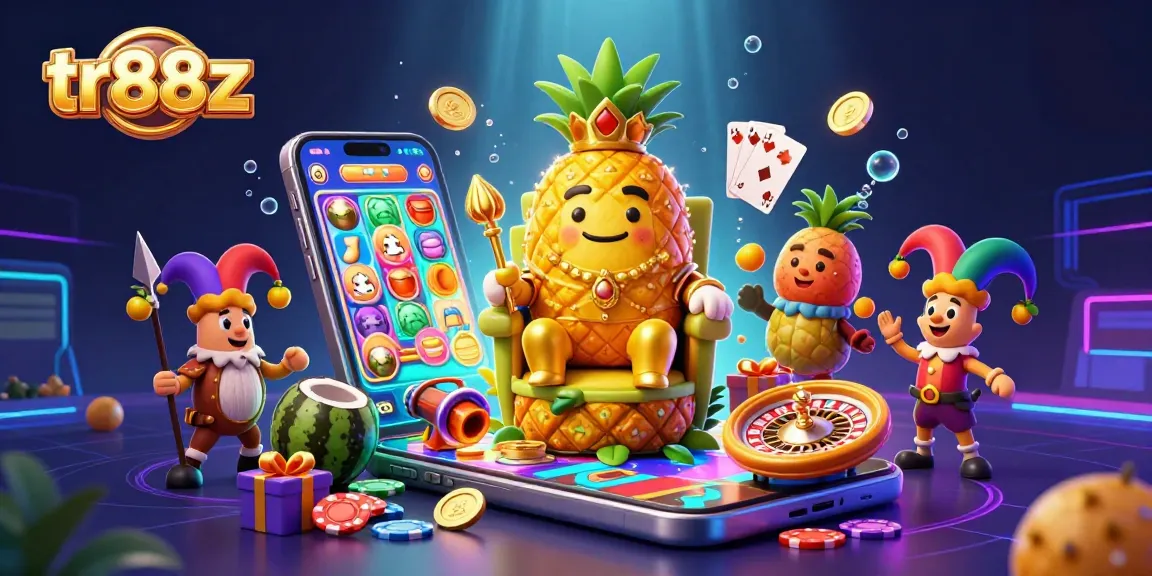 Engage in thrilling adventures at tr88z with a 3D illustration of a golden pineapple king and casino elements.