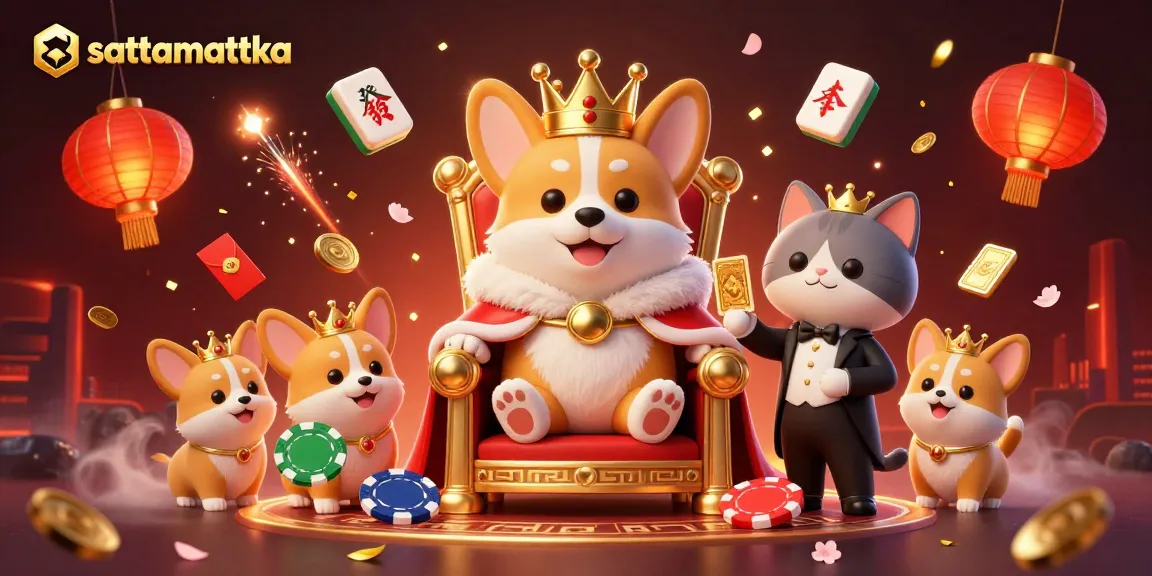 Sattamattka showcasing an extravagant casino scene with a royal corgi, vibrant game elements, and festive decorations.