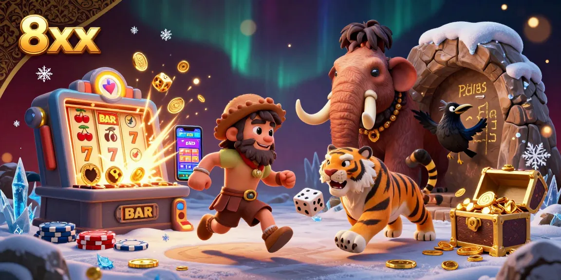 Win big at 8xx with a vibrant prehistoric casino scene showcasing dynamic gaming action.