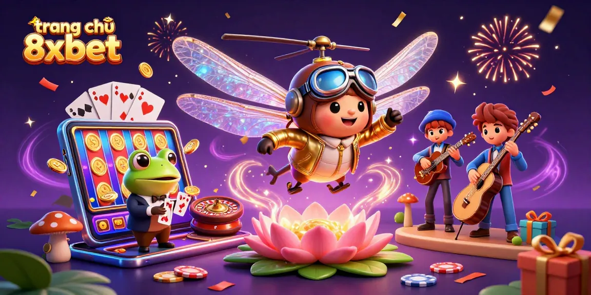 Engage with the excitement of trang chủ 8xbet and vibrant casino games featuring a dragonfly pilot and a frog croupier.