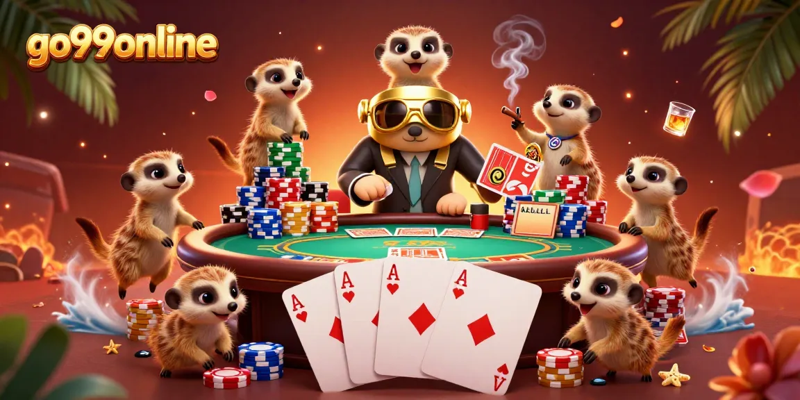 Engage with go99online's vibrant 3D scene featuring meerkats in a dynamic poker setup.