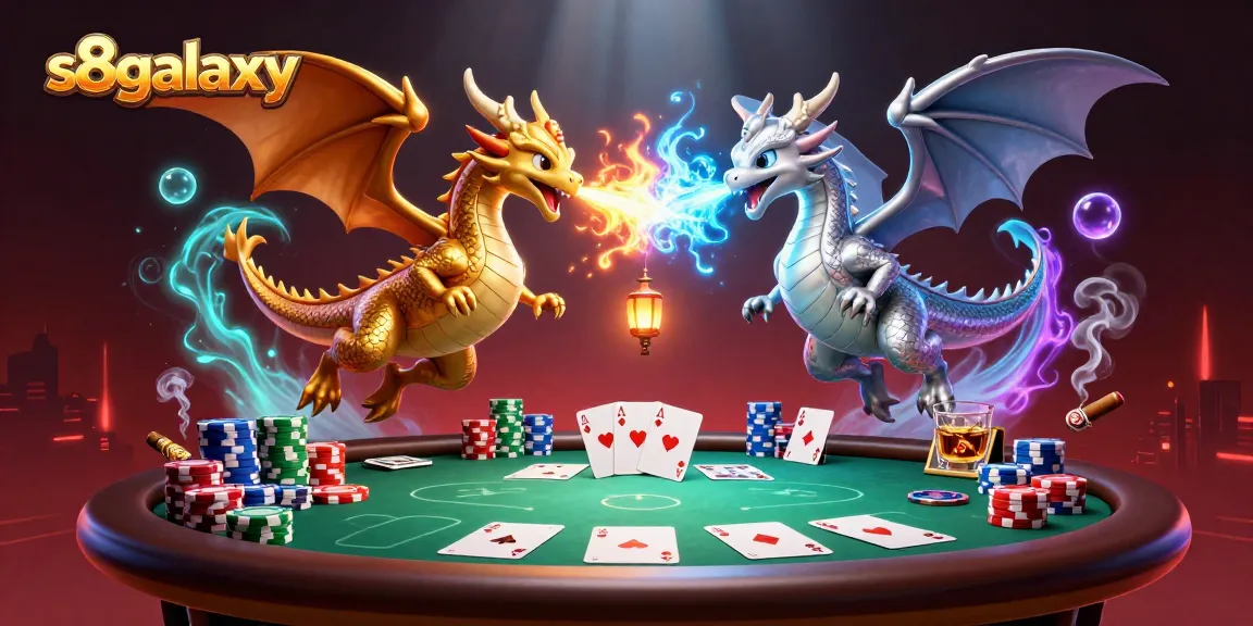 Experience thrilling gaming at s8galaxy with this vibrant illustration of dragons amidst poker elements.