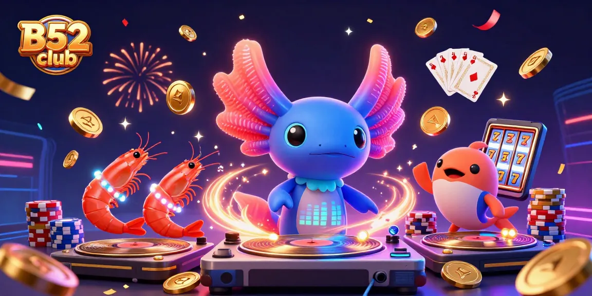 Engage in thrilling gameplay at B52 club with vibrant underwater party featuring a neon axolotl DJ.
