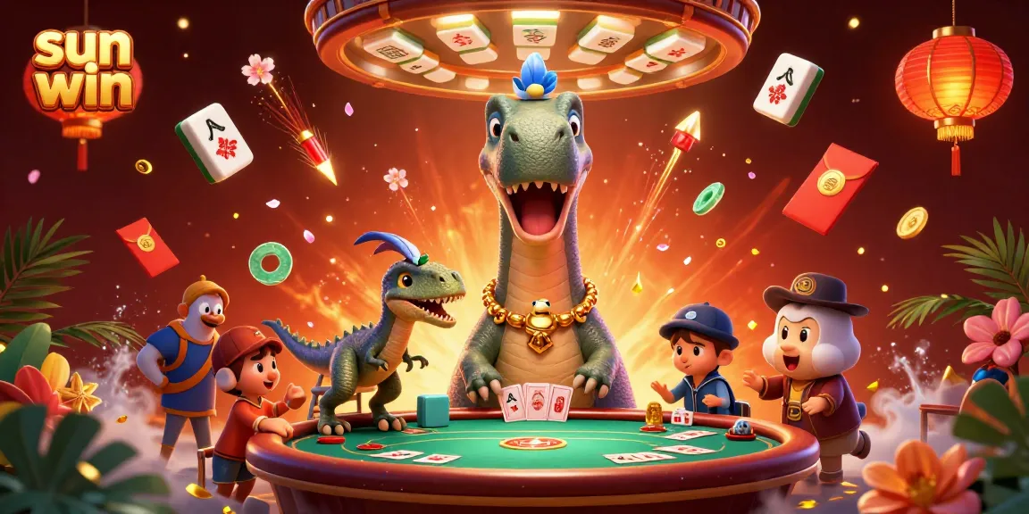 Engage in exciting gaming at sun win with a lively 3D cartoon casino scene featuring inventive characters and festive decorations.
